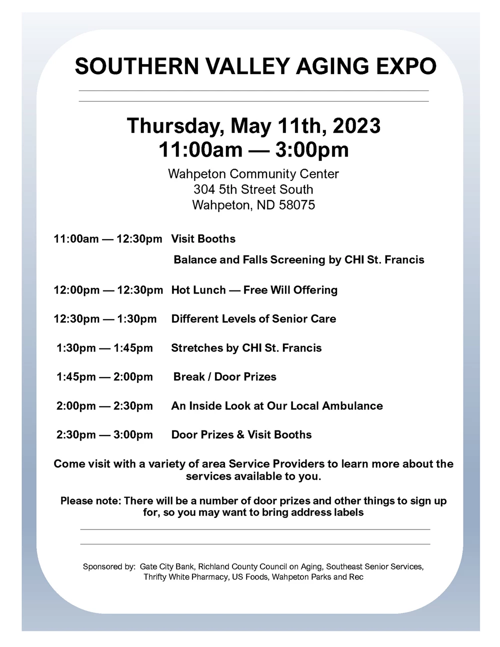 Image of Southern Valley Aging Expo poster, which includes the words "Thursday, May 11th, 2023,  11:00am - 3:00 pm., Wahpeton Community Center, 304 5th Street South, Wahpeton, ND 58075., plus a schedule of events.